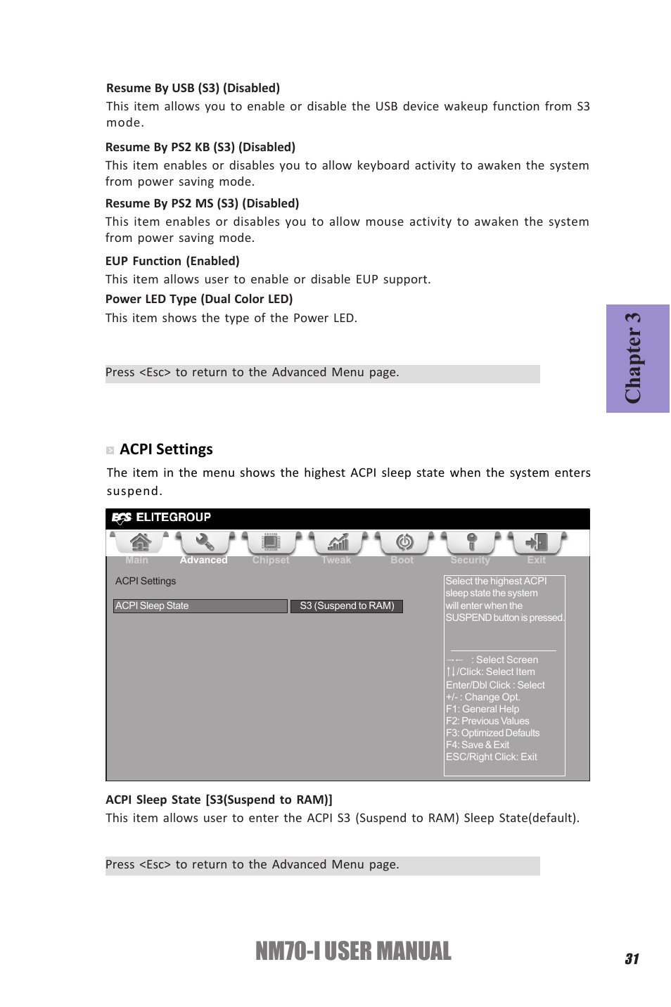 Nm70-i user manual, Chapter 3, Acpi settings | Elitegroup NM70-I (V1.0) User Manual | Page 35 / 64