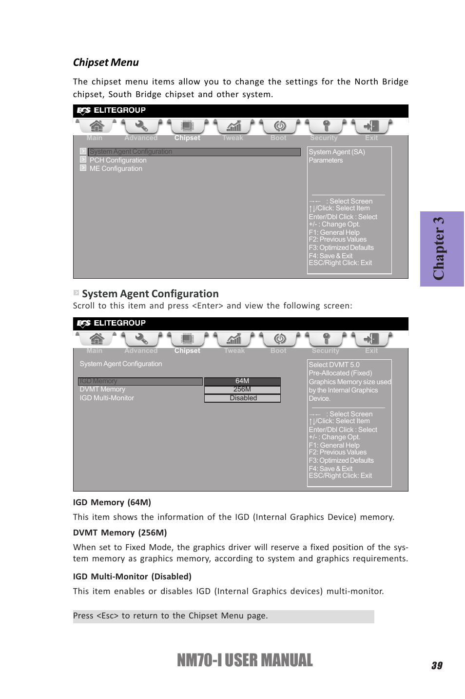 Nm70-i user manual, Chapter 3, Chipset menu | System agent configuration | Elitegroup NM70-I (V1.0) User Manual | Page 43 / 64