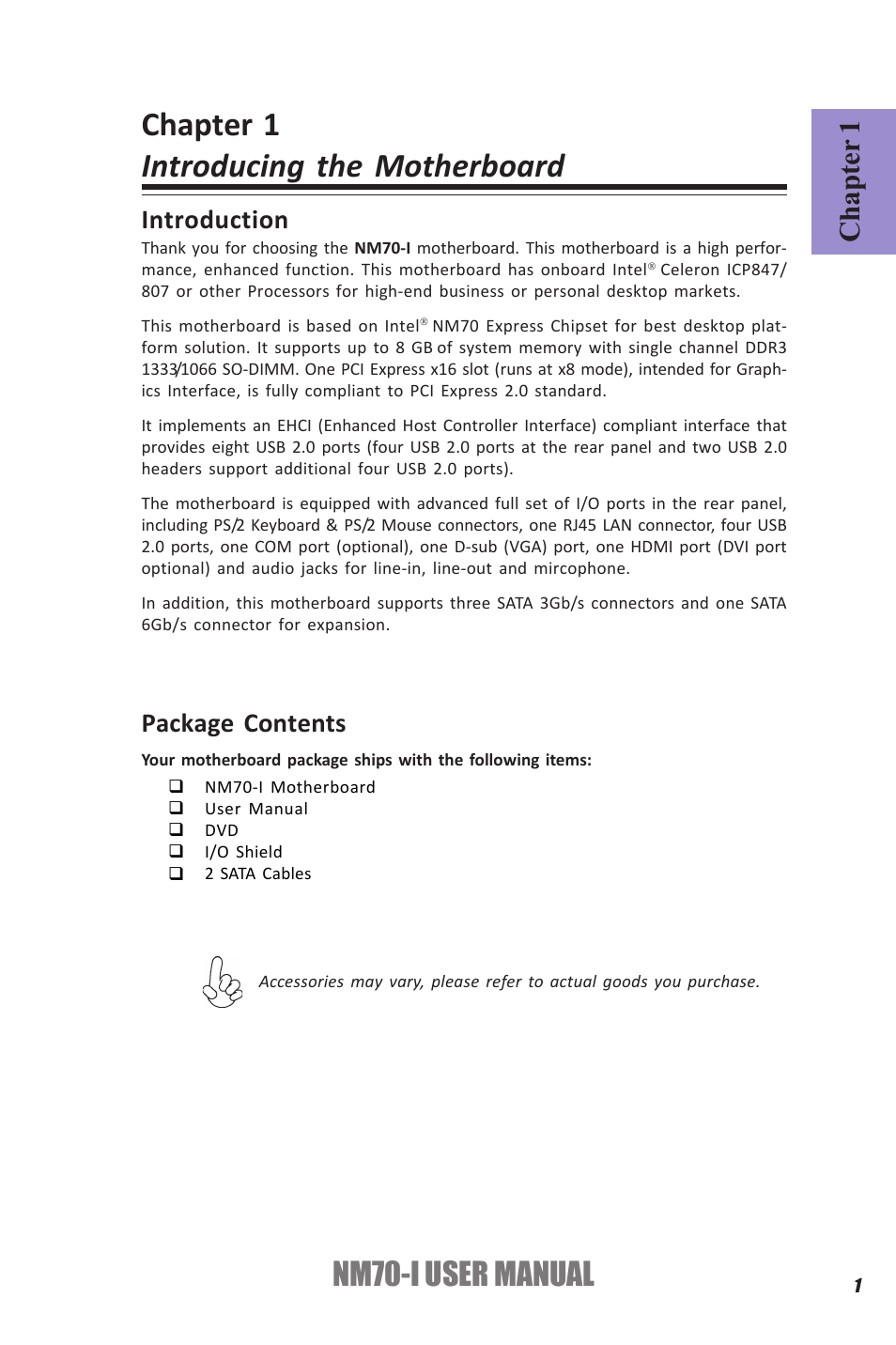 Chapter 1 introducing the motherboard, Nm70-i user manual, Chapter 1 | Introduction, Package contents | Elitegroup NM70-I (V1.0) User Manual | Page 5 / 64