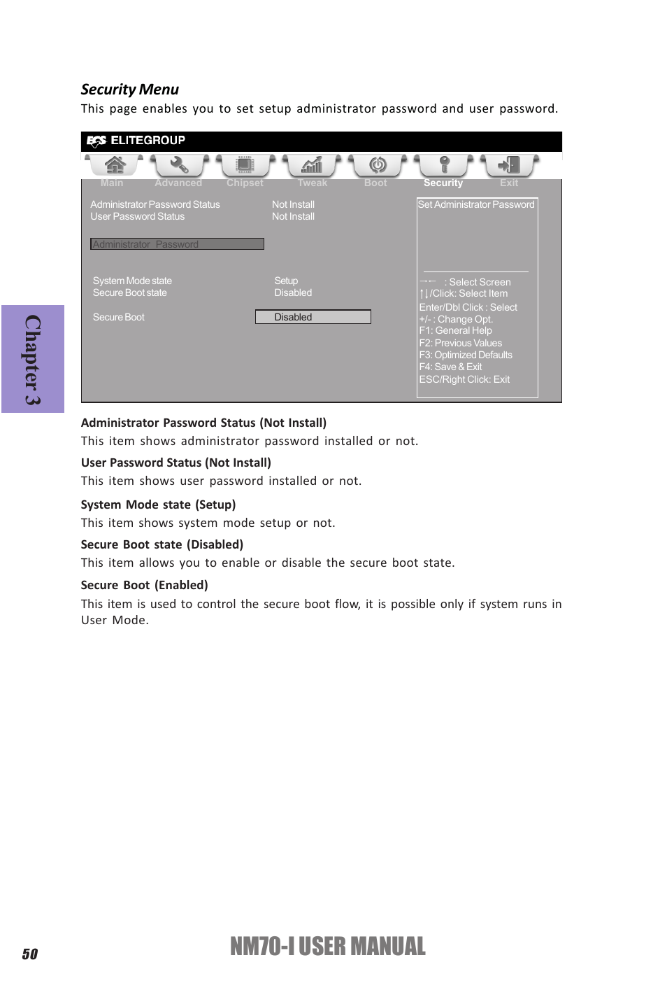 Nm70-i user manual, Chapter 3, Security menu | Elitegroup NM70-I (V1.0) User Manual | Page 54 / 64