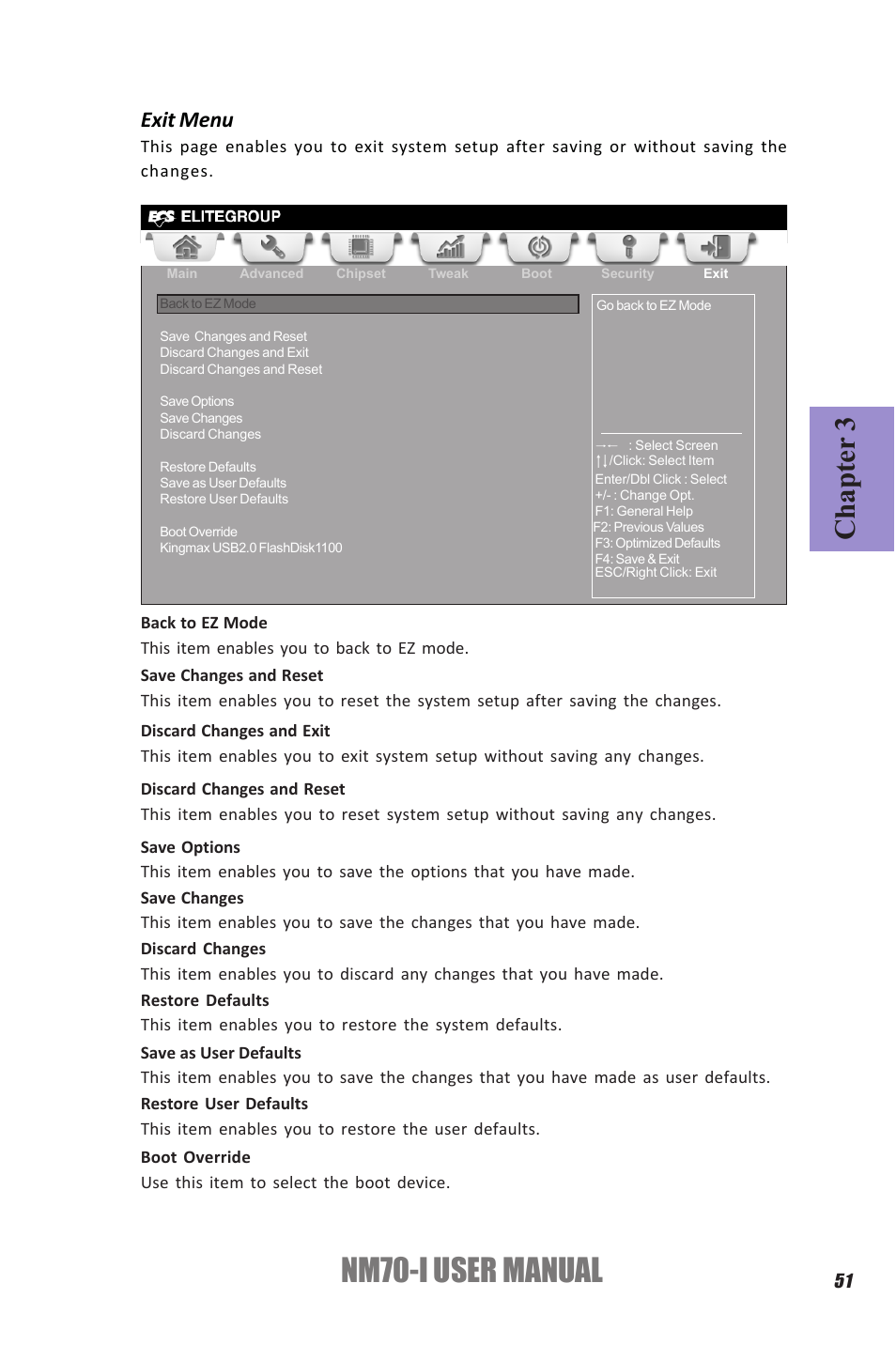 Nm70-i user manual, Chapter 3, Exit menu | Elitegroup NM70-I (V1.0) User Manual | Page 55 / 64