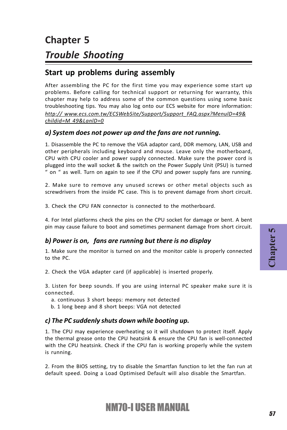 Chapter 5 trouble shooting, Nm70-i user manual, Chapter 5 | Start up problems during assembly | Elitegroup NM70-I (V1.0) User Manual | Page 61 / 64