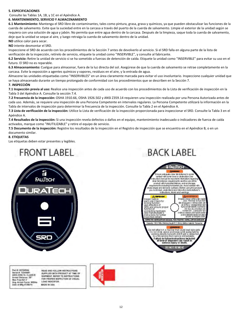 FallTech DuraTech 6' Single/Twin Self‐Retracting Device User Manual | Page 12 / 36