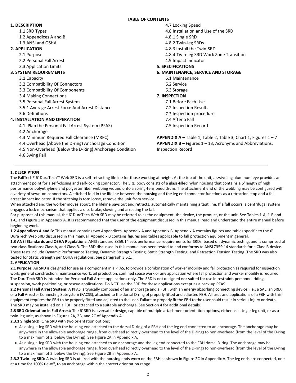 FallTech DuraTech 6' Single/Twin Self‐Retracting Device User Manual | Page 2 / 36