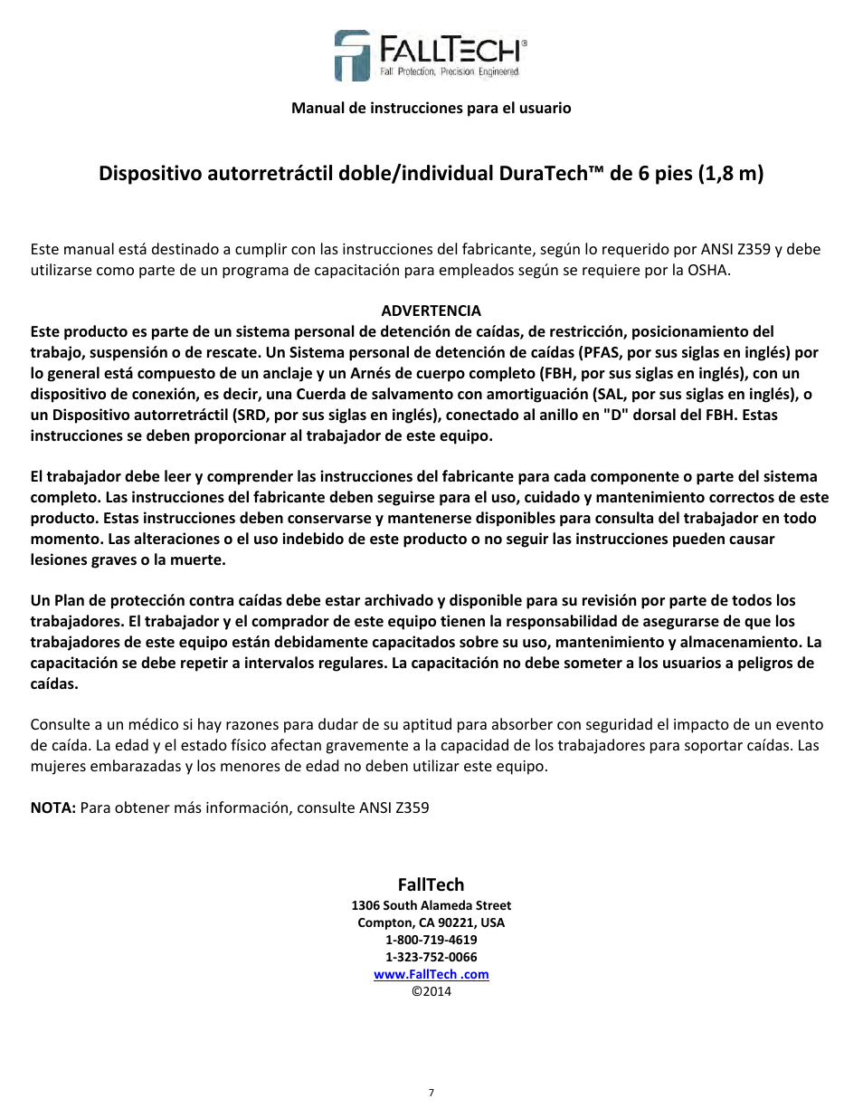 Falltech | FallTech DuraTech 6' Single/Twin Self‐Retracting Device User Manual | Page 7 / 36