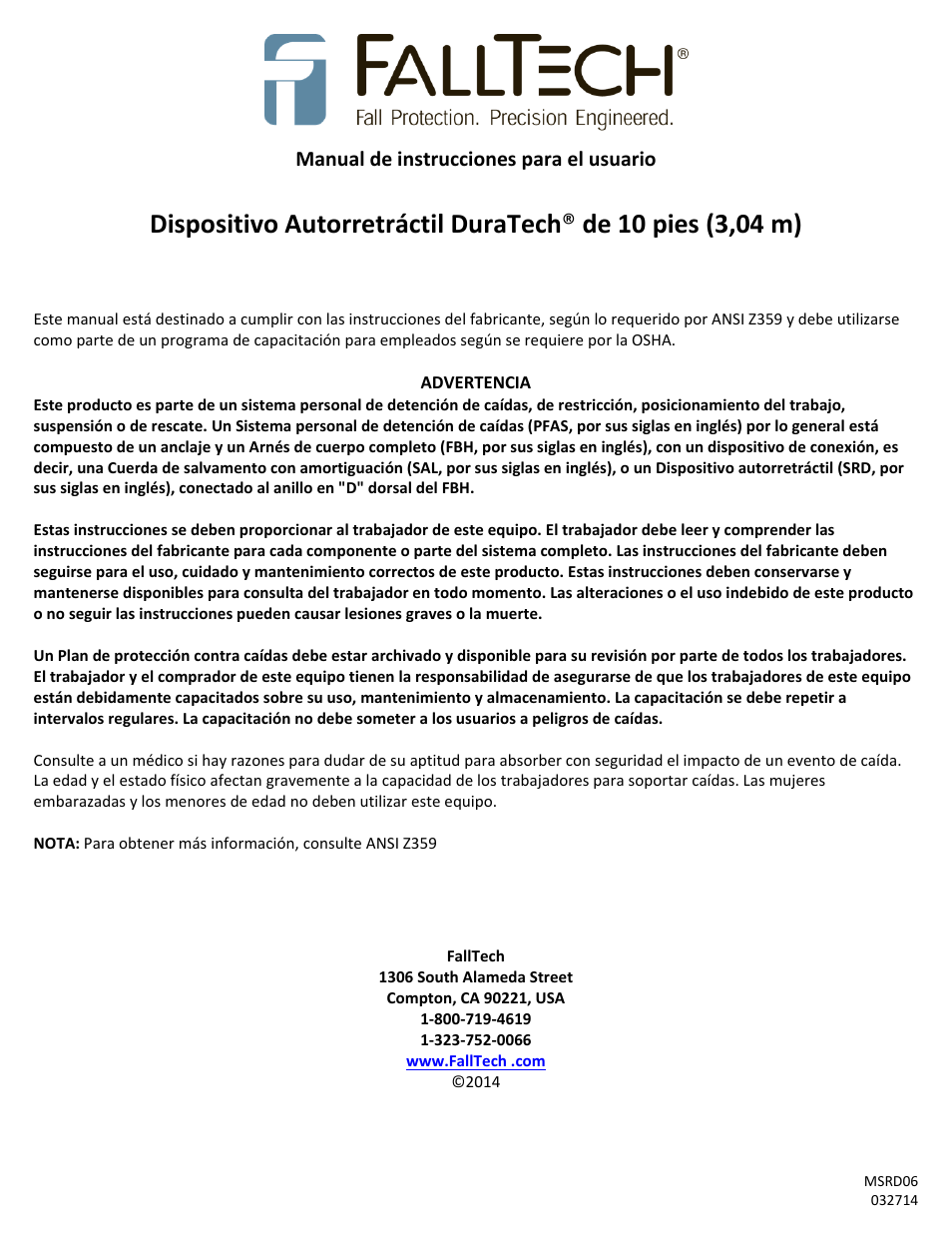 Manual de instrucciones para el usuario | FallTech DuraTech 10’ Self Retracting Device User Manual | Page 6 / 30