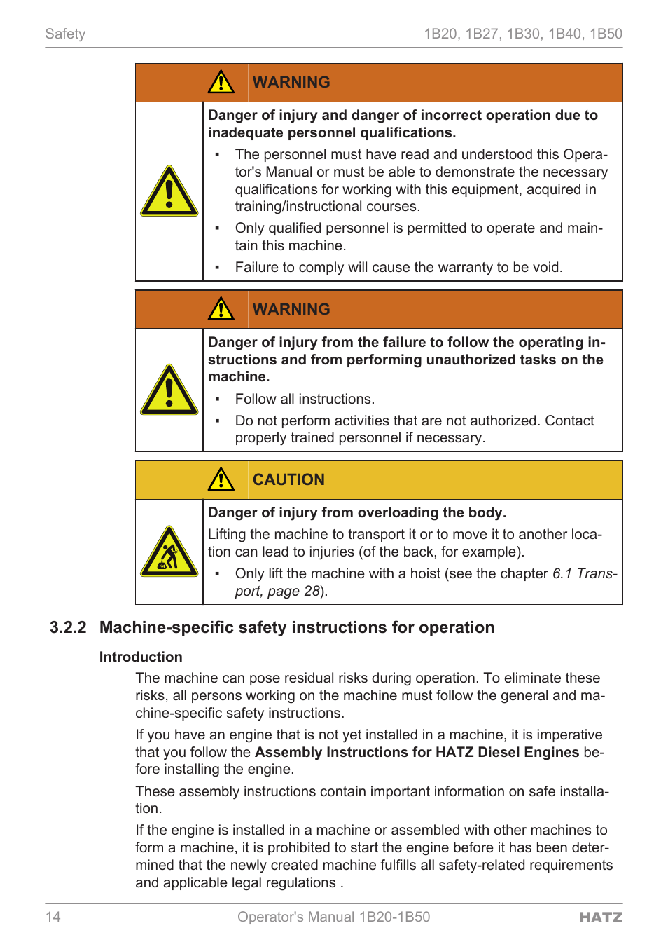 Machine-specific safety instructions for operation, Introduction | HATZ Diesel 1B 50 User Manual | Page 14 / 88