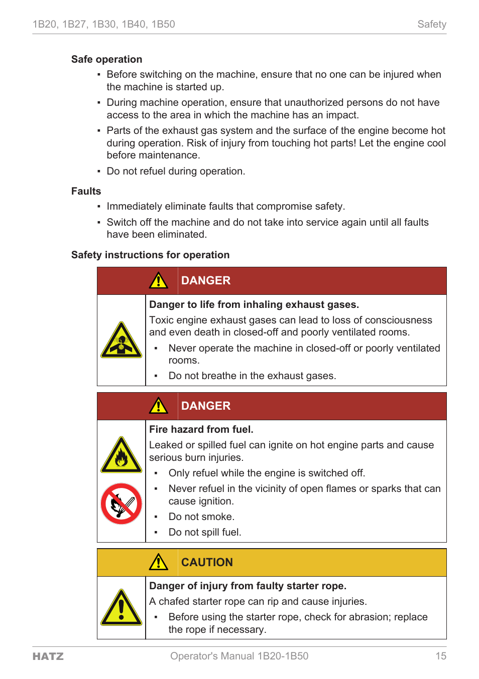 Safe operation, Faults, Safety instructions for operation | Danger, Caution | HATZ Diesel 1B 50 User Manual | Page 15 / 88