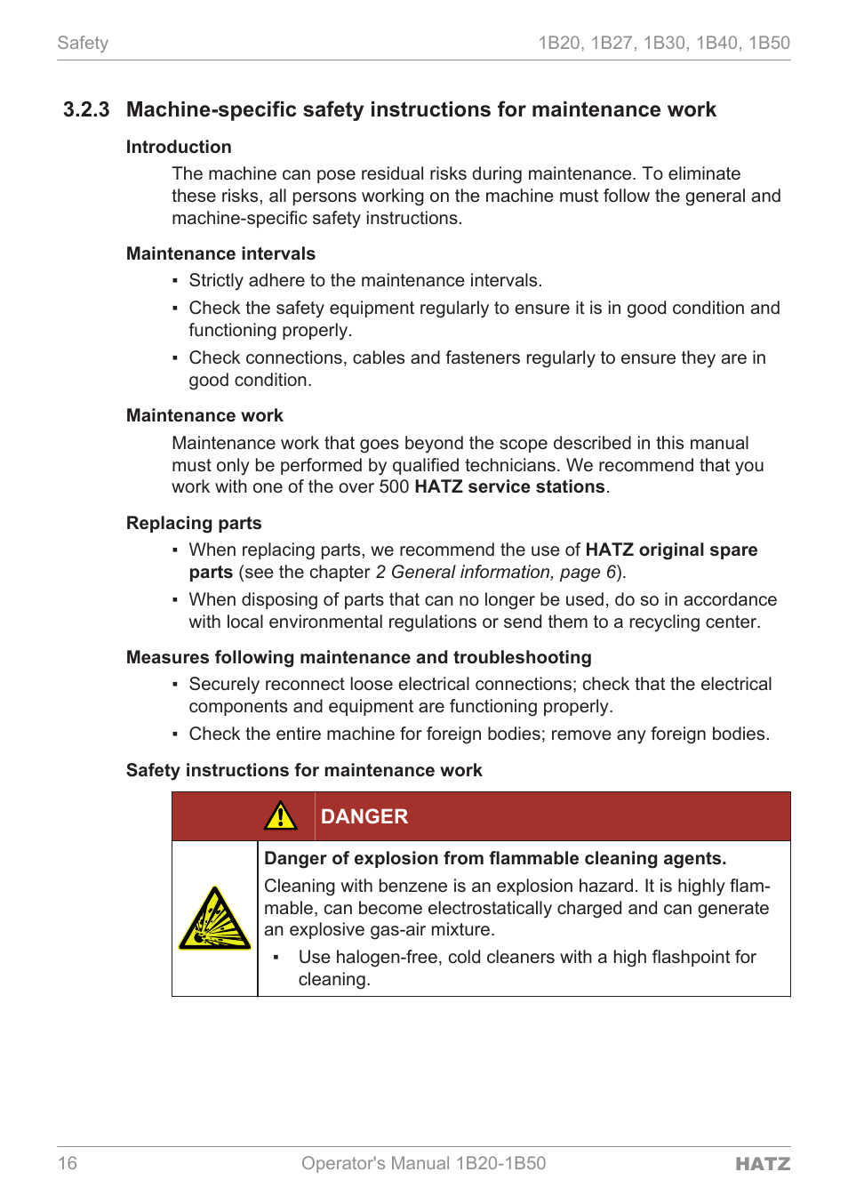 Introduction, Maintenance intervals, Maintenance work | Replacing parts, Measures following maintenance and troubleshooting, Safety instructions for maintenance work, Danger | HATZ Diesel 1B 50 User Manual | Page 16 / 88