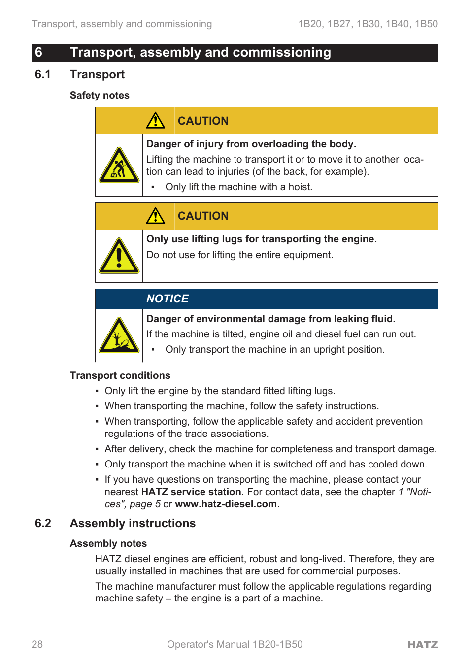 Transport, assembly and commissioning, Transport, Assembly instructions | 6transport, assembly and commissioning, 1 transport, 2 assembly instructions | HATZ Diesel 1B 50 User Manual | Page 28 / 88