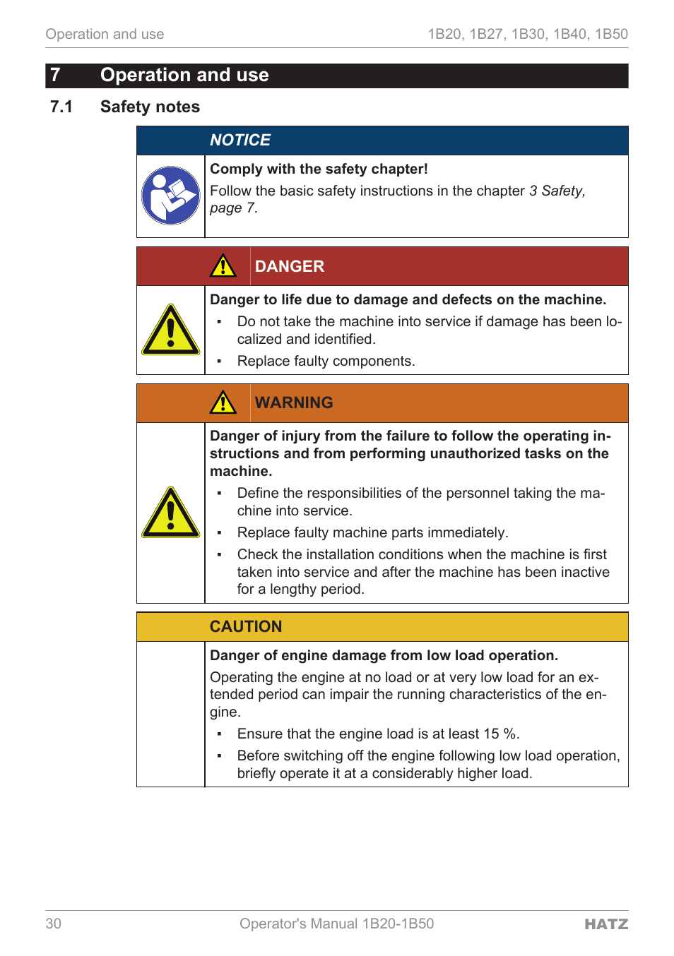 Operation and use, Safety notes, 7operation and use | HATZ Diesel 1B 50 User Manual | Page 30 / 88