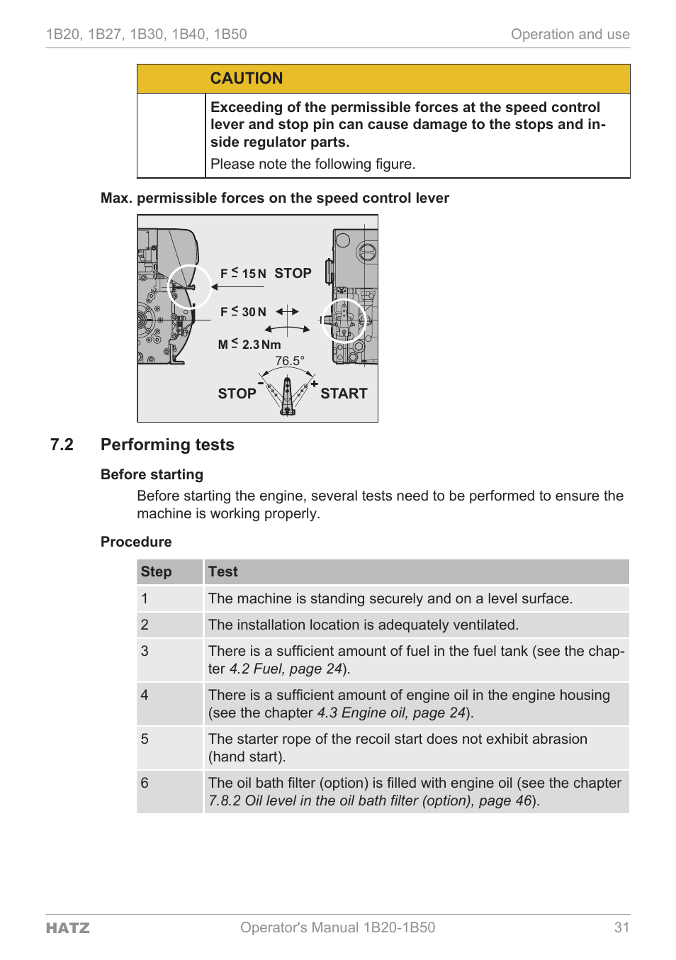 Performing tests, 2 performing tests, Caution | HATZ Diesel 1B 50 User Manual | Page 31 / 88