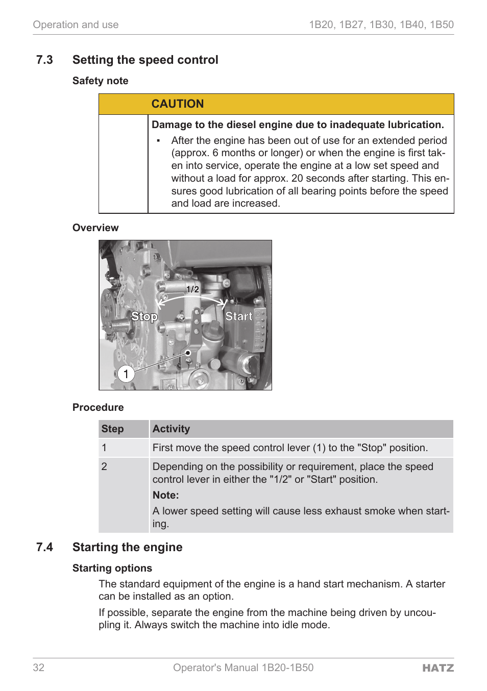 Setting the speed control, Starting the engine, 3 setting the speed control | 4 starting the engine, Caution | HATZ Diesel 1B 50 User Manual | Page 32 / 88