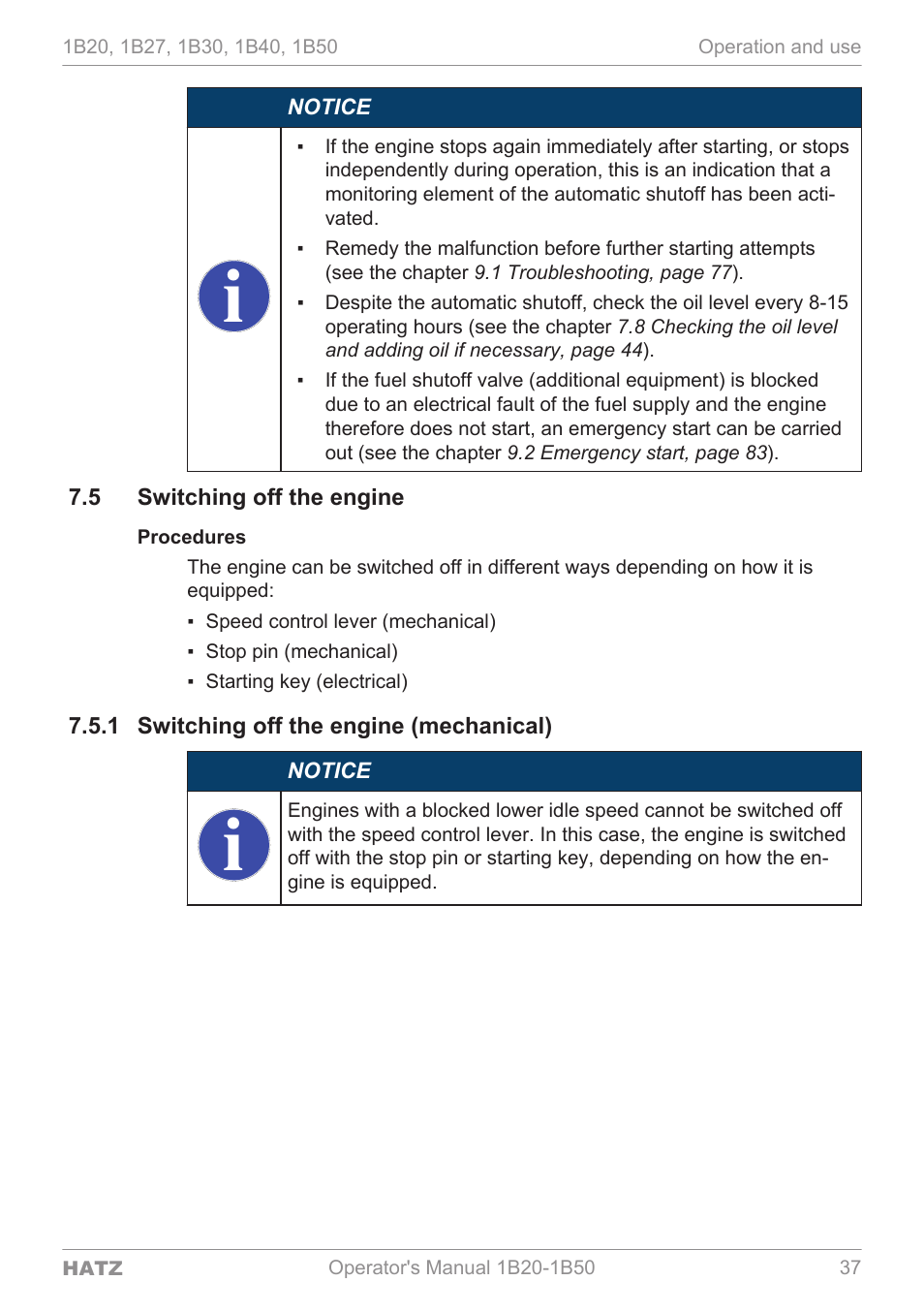 Switching off the engine, Switching off the engine (mechanical) | HATZ Diesel 1B 50 User Manual | Page 37 / 88