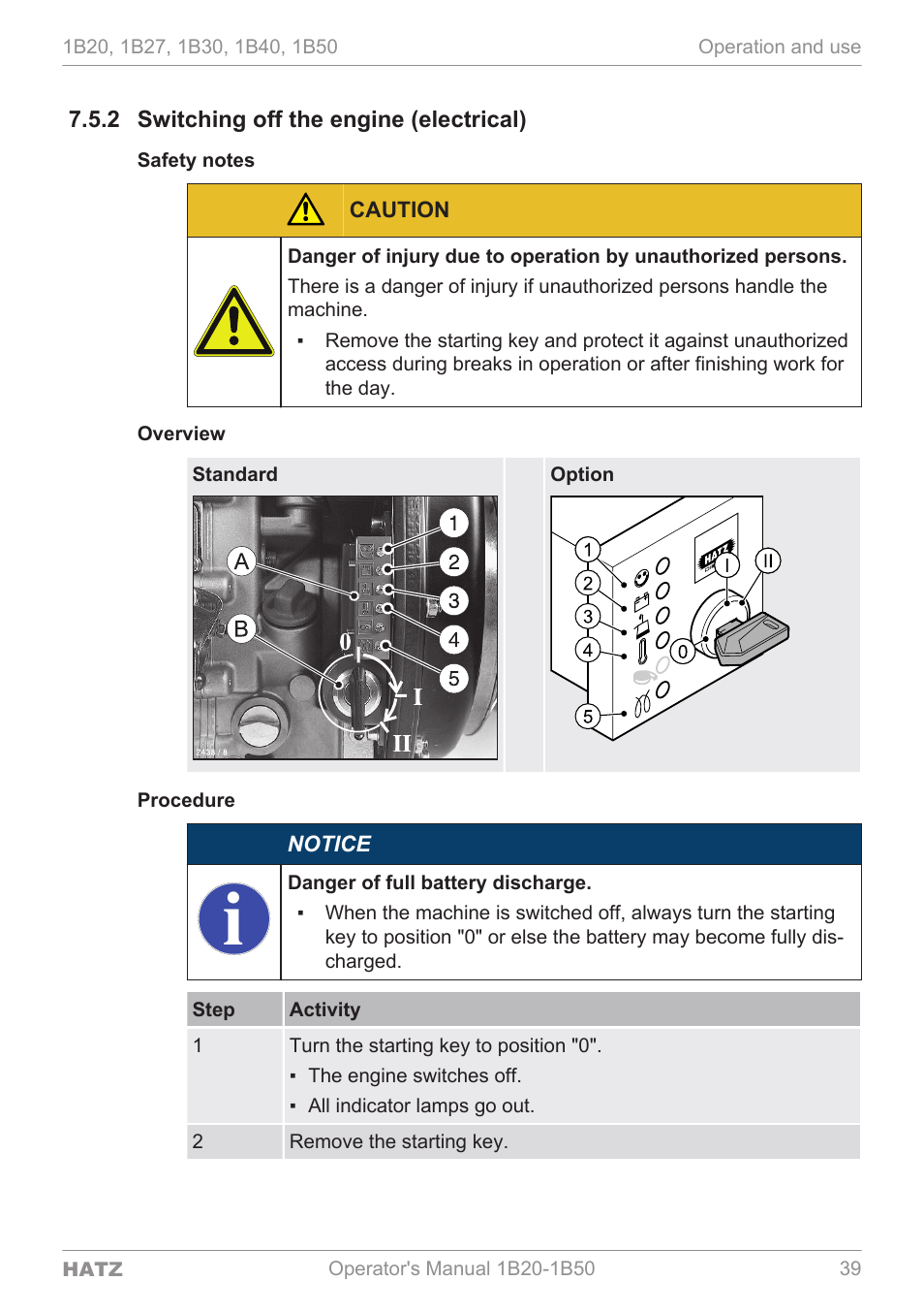 Switching off the engine (electrical), Overview, Procedure | HATZ Diesel 1B 50 User Manual | Page 39 / 88