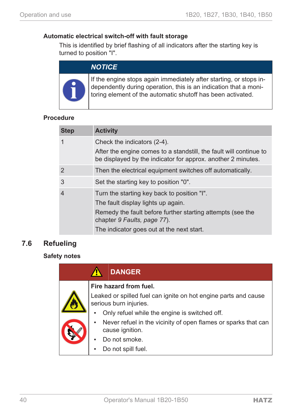 Automatic electrical switch-off with fault storage, Procedure, Refueling | HATZ Diesel 1B 50 User Manual | Page 40 / 88