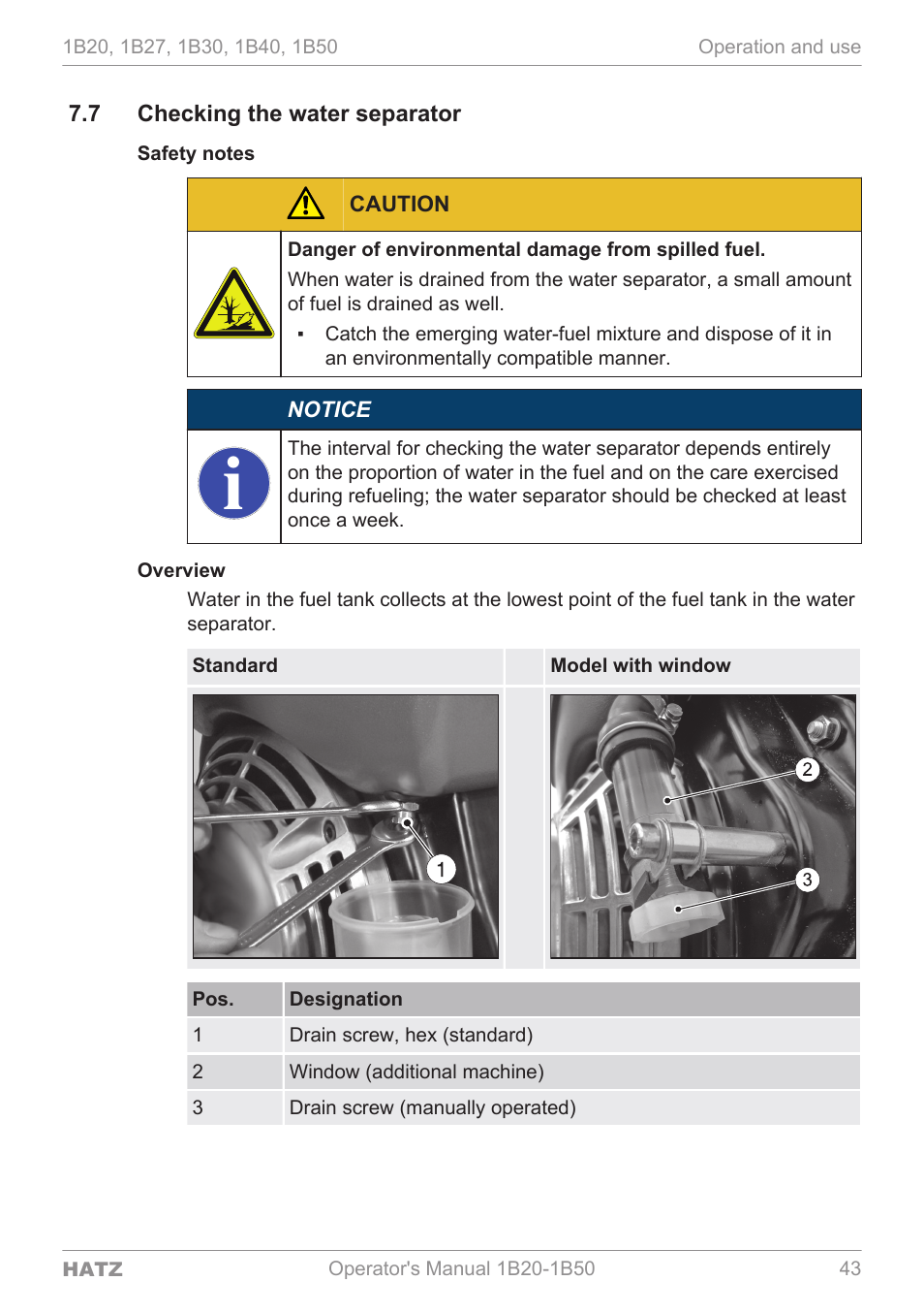 Checking the water separator | HATZ Diesel 1B 50 User Manual | Page 43 / 88