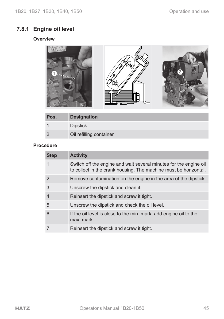 Engine oil level, 1 engine oil level | HATZ Diesel 1B 50 User Manual | Page 45 / 88