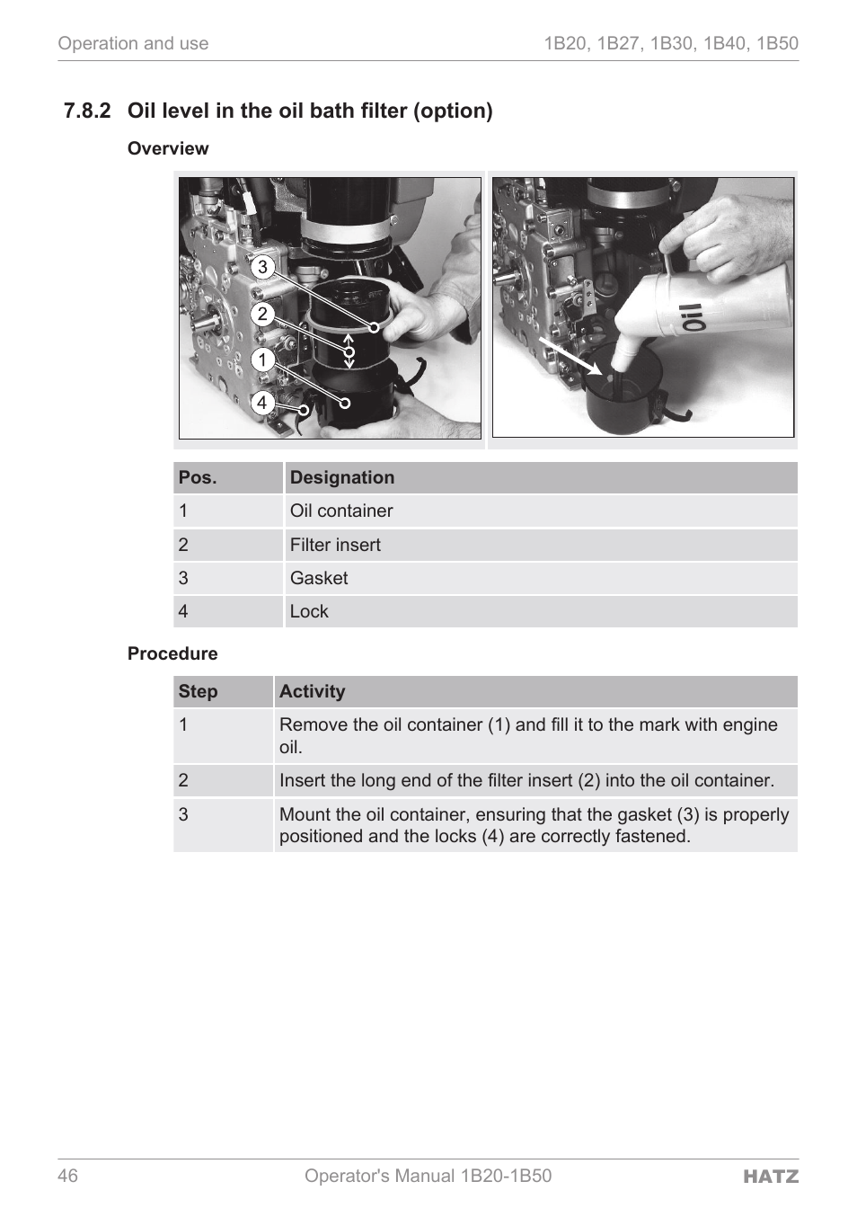 Oil level in the oil bath filter (option), 2 oil level in the oil bath filter (option) | HATZ Diesel 1B 50 User Manual | Page 46 / 88