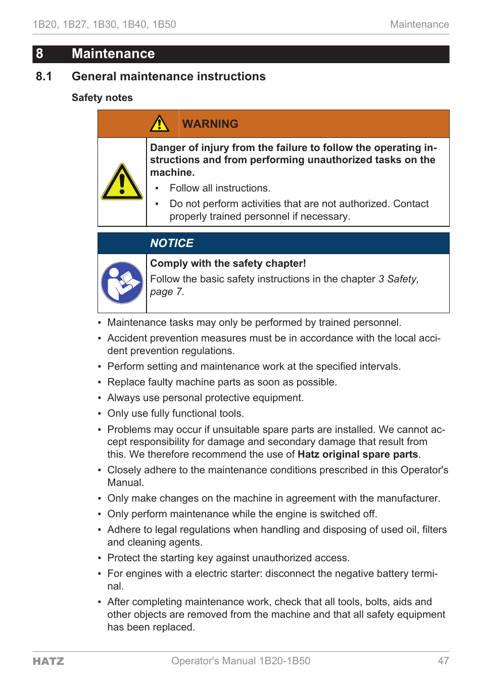 Maintenance, General maintenance instructions, 8maintenance | HATZ Diesel 1B 50 User Manual | Page 47 / 88