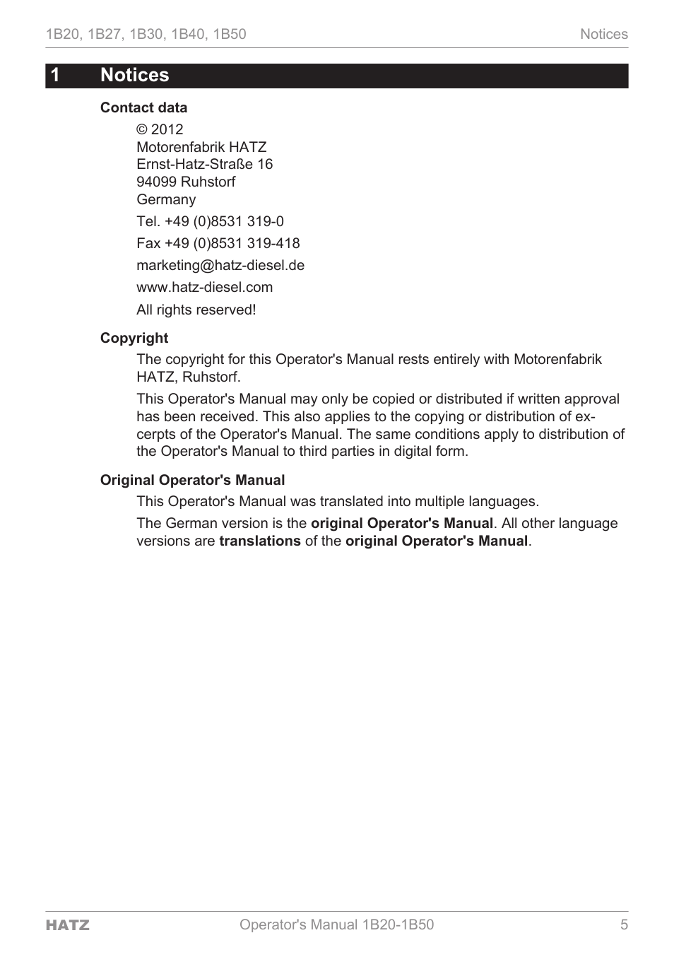 Notices, 1notices | HATZ Diesel 1B 50 User Manual | Page 5 / 88