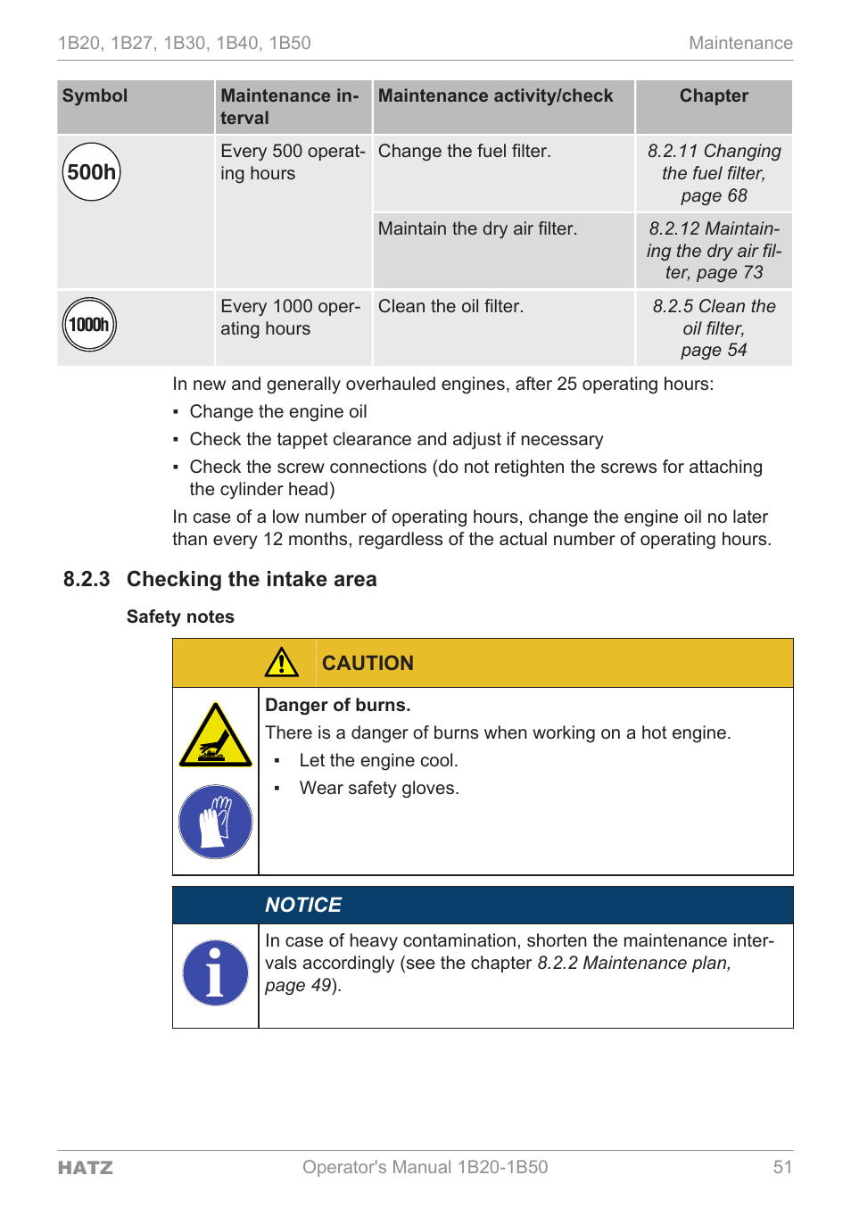 Checking the intake area, 3 checking, The intake area | 500h | HATZ Diesel 1B 50 User Manual | Page 51 / 88