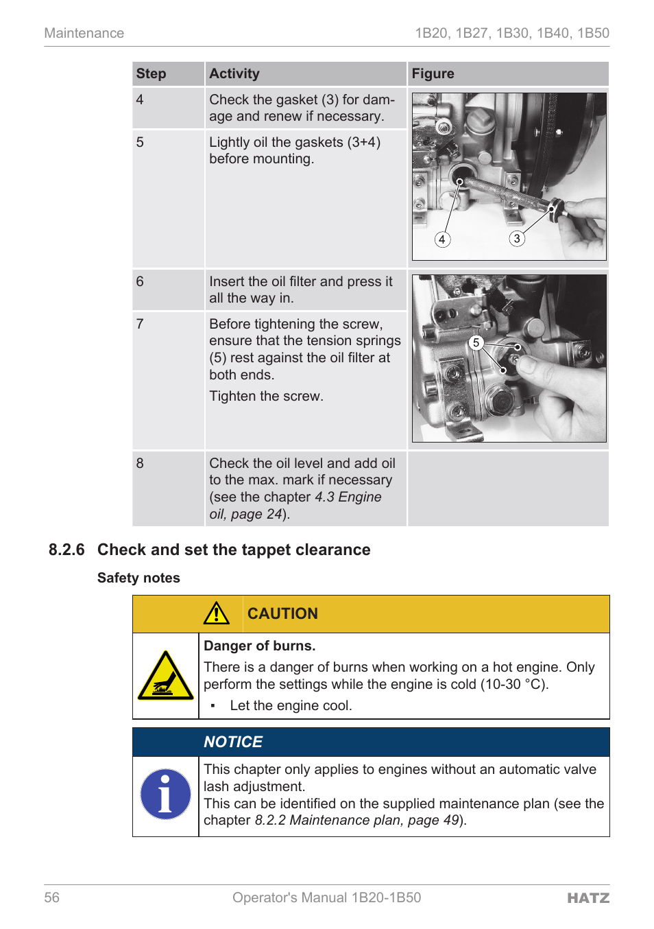 Check and set the tappet clearance, 6 check and, Set the tappet | Clearance | HATZ Diesel 1B 50 User Manual | Page 56 / 88