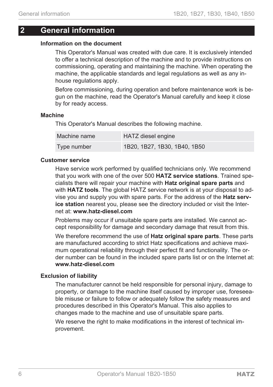 General information, 2general information | HATZ Diesel 1B 50 User Manual | Page 6 / 88