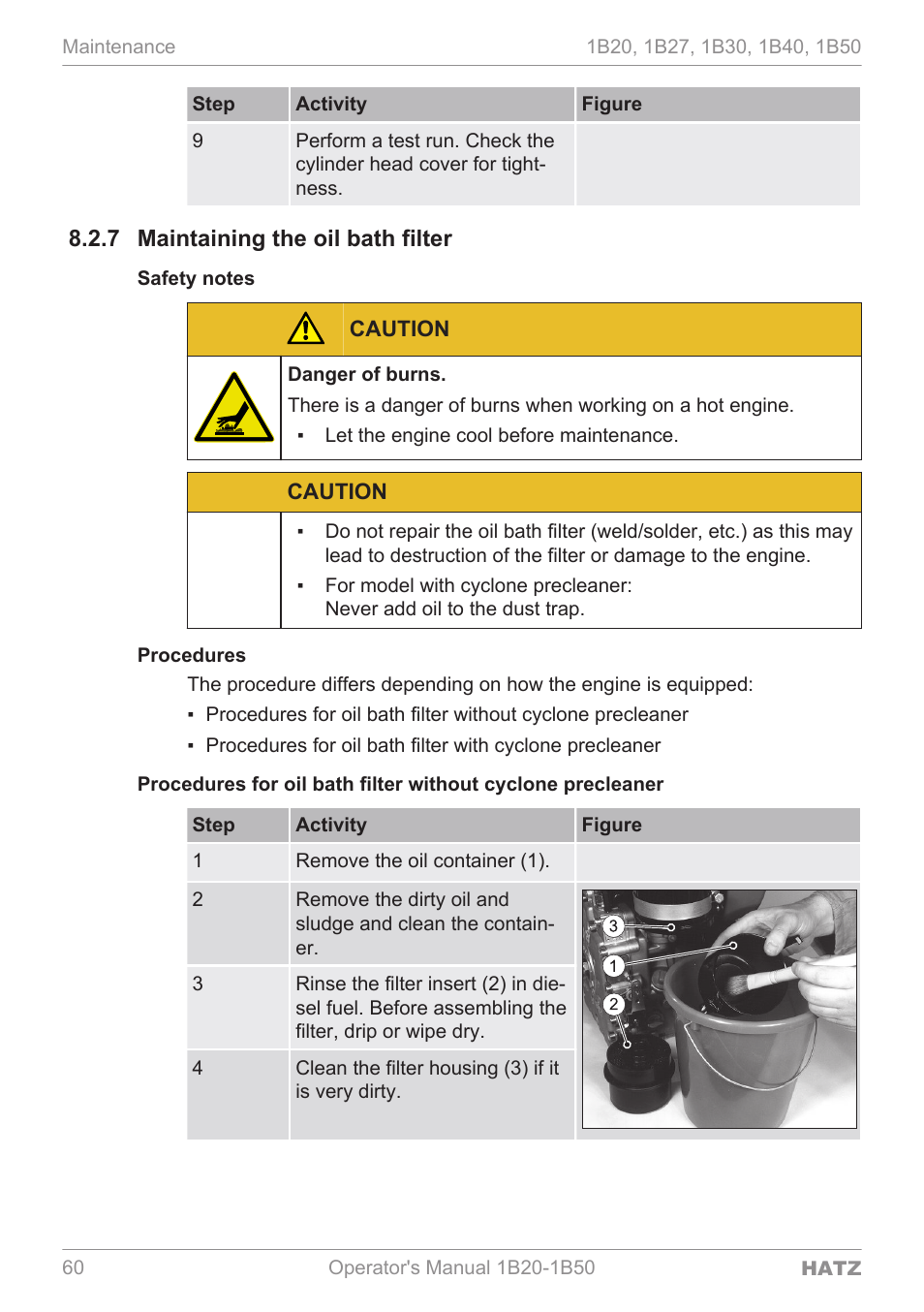 Maintaining the oil bath filter, 7 maintaining, The oil bath filter | 7 maintaining the oil bath filter | HATZ Diesel 1B 50 User Manual | Page 60 / 88