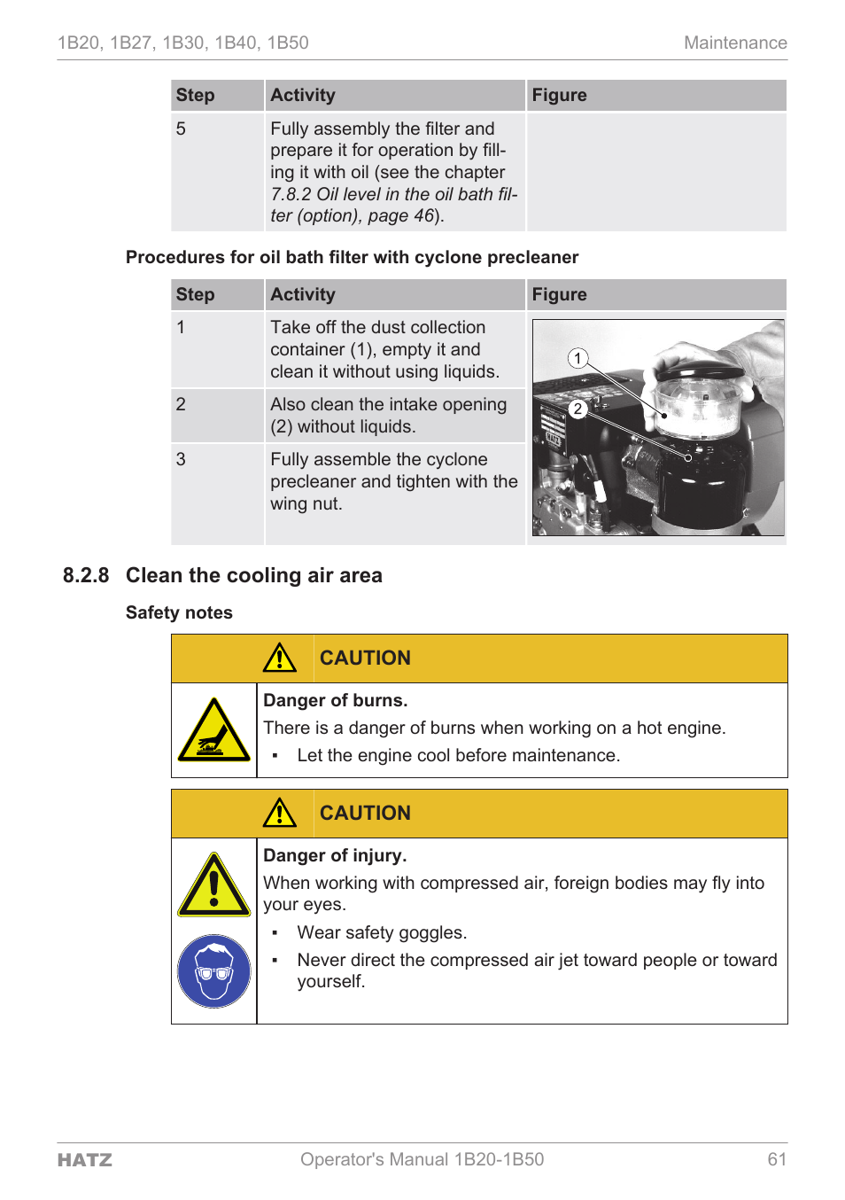 Clean the cooling air area, 8 clean the, Cooling air area | 8 clean the cooling air area | HATZ Diesel 1B 50 User Manual | Page 61 / 88