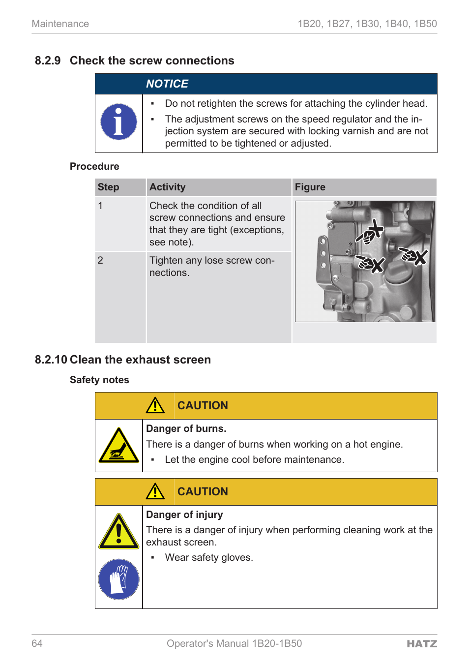 Check the screw connections, Clean the exhaust screen, 9 check the | Screw connec, 10 clean the, Exhaust screen | HATZ Diesel 1B 50 User Manual | Page 64 / 88