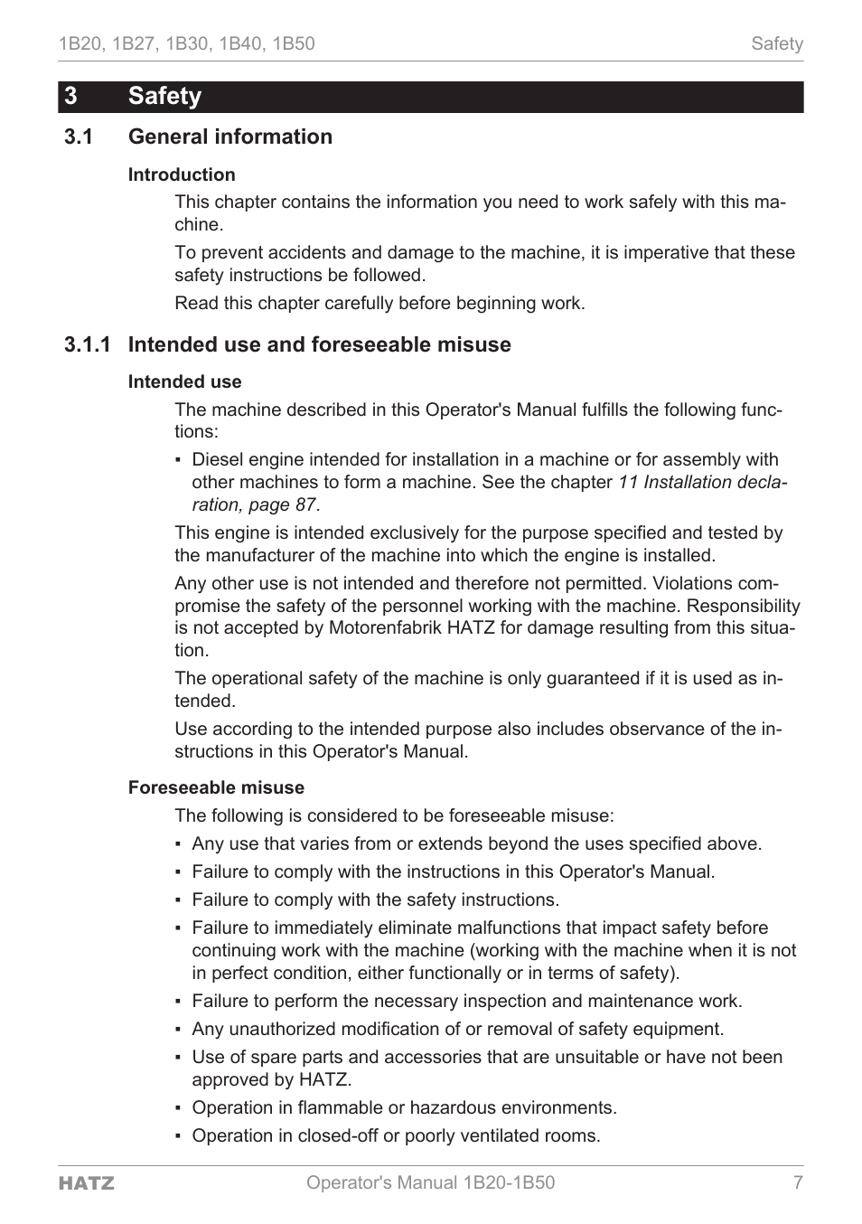 Safety, General information, Intended use and foreseeable misuse | Intended use, Foreseeable misuse, 3safety, 1 general information, 1 intended use and foreseeable misuse | HATZ Diesel 1B 50 User Manual | Page 7 / 88