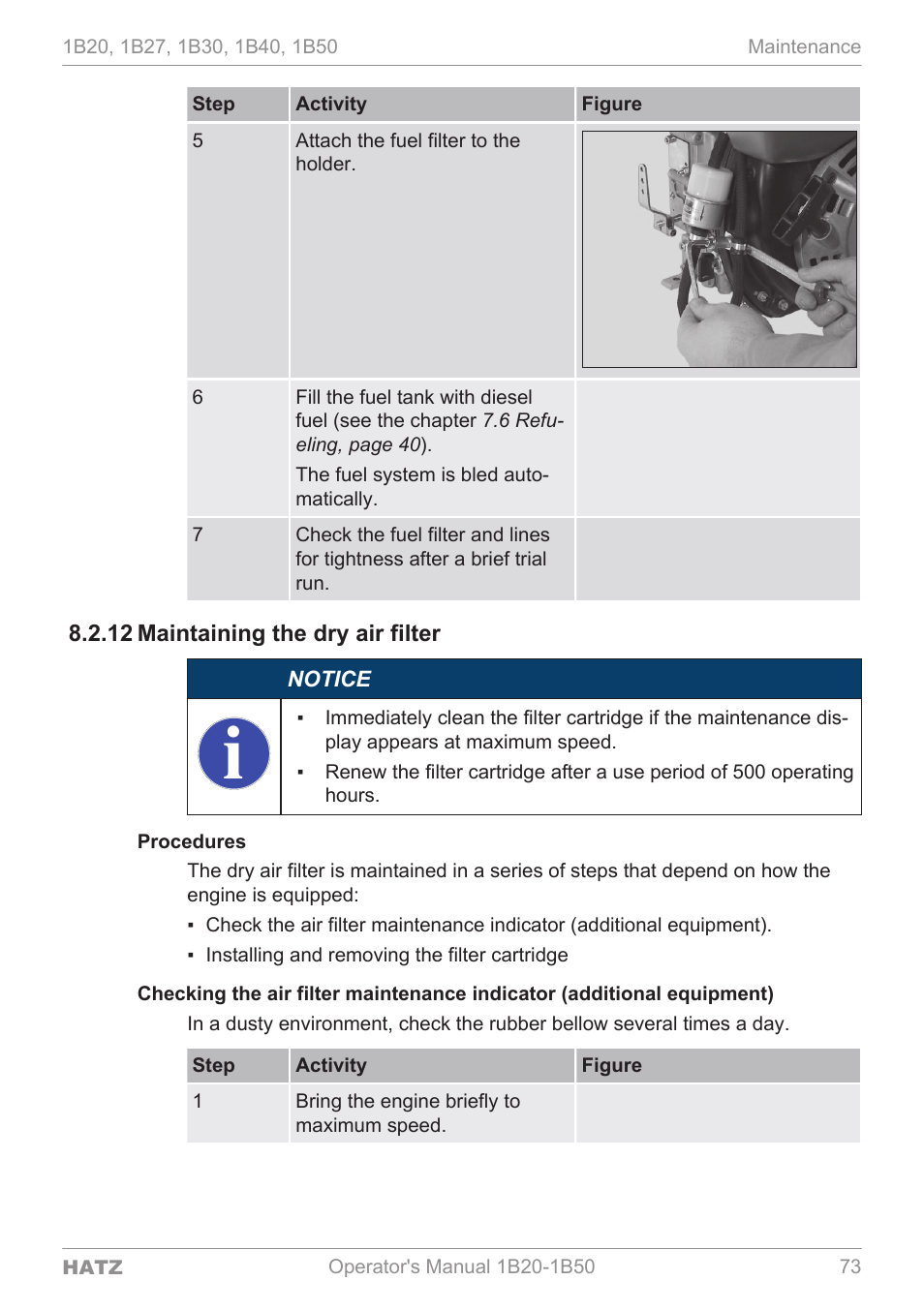 Maintaining the dry air filter, 12 maintain, Ing the dry air fil | HATZ Diesel 1B 50 User Manual | Page 73 / 88