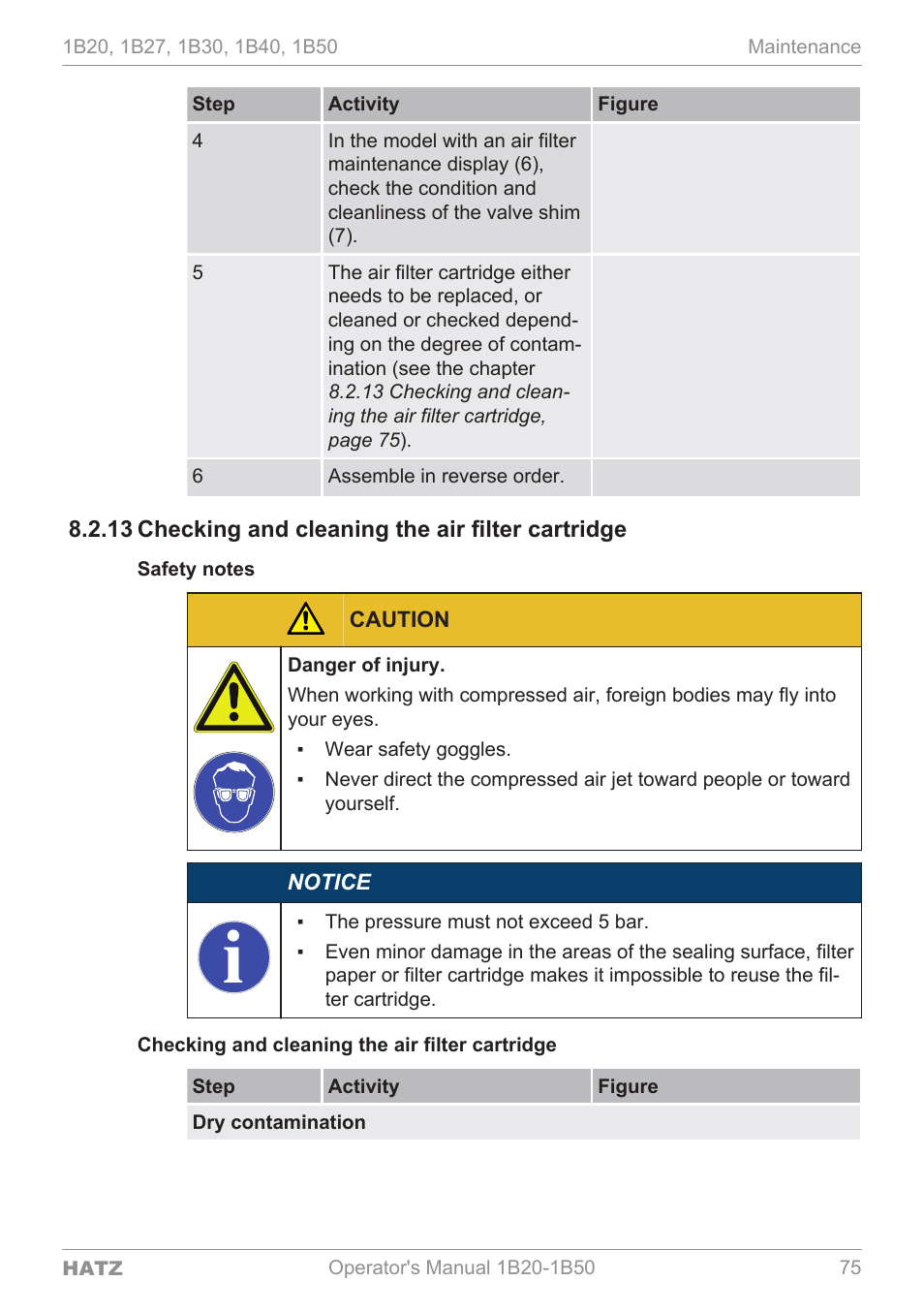 Checking and cleaning the air filter cartridge | HATZ Diesel 1B 50 User Manual | Page 75 / 88