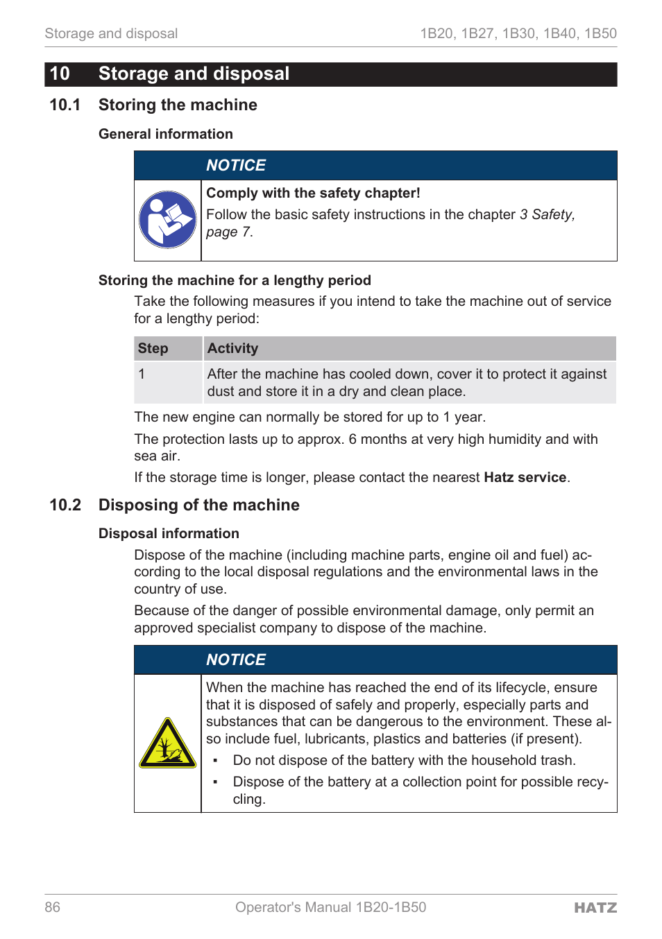 Storage and disposal, Storing the machine, Disposing of the machine | 10 storage and disposal, 1 storing the machine, 2 disposing of the machine | HATZ Diesel 1B 50 User Manual | Page 86 / 88