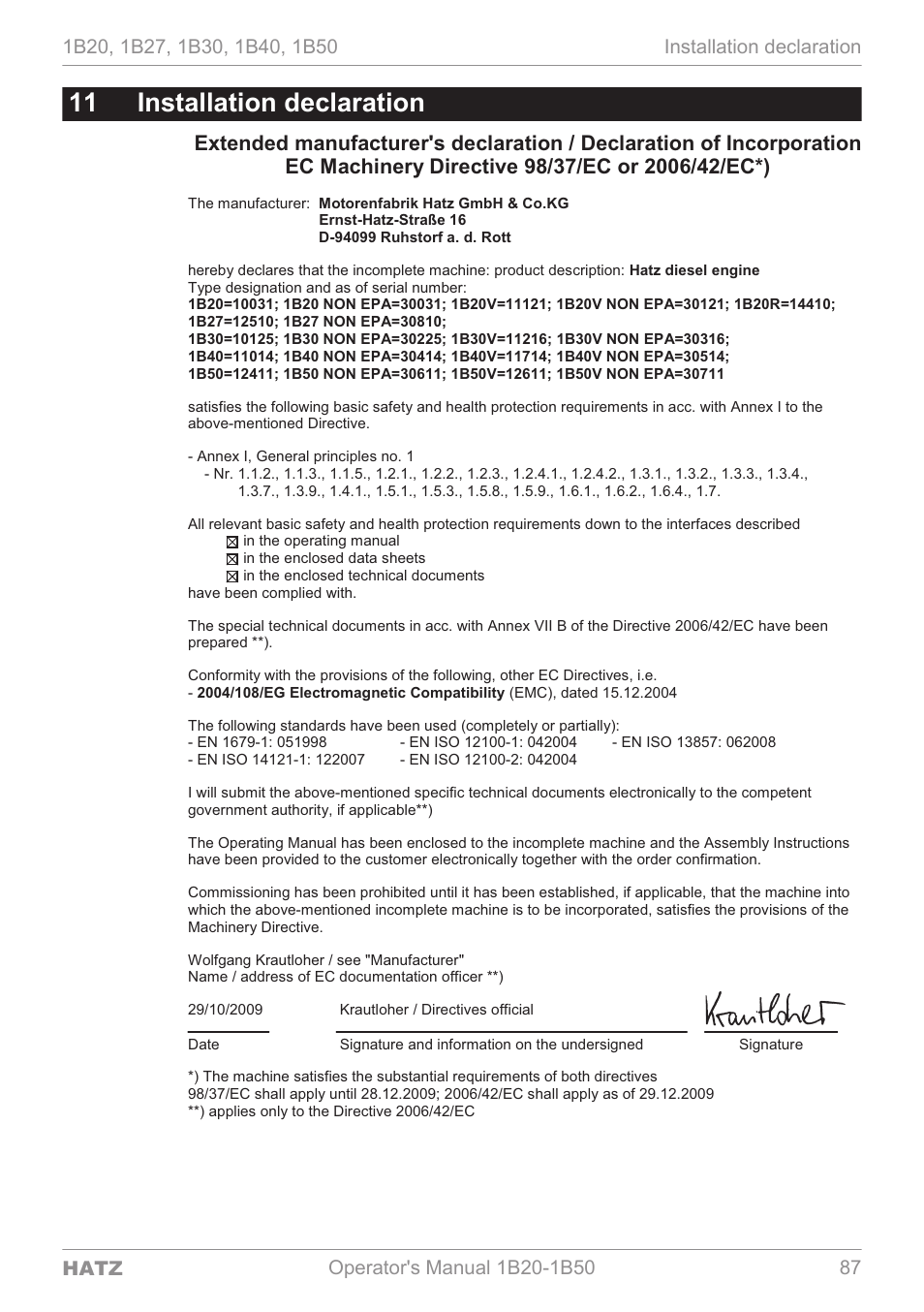 Installation declaration, 11 installation declaration | HATZ Diesel 1B 50 User Manual | Page 87 / 88