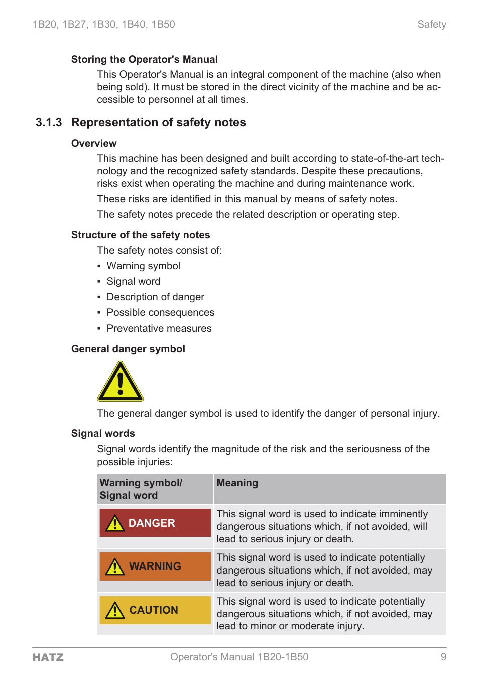 Storing the operator's manual, Representation of safety notes, Overview | Structure of the safety notes, General danger symbol, Signal words, Danger, Warning, Caution | HATZ Diesel 1B 50 User Manual | Page 9 / 88