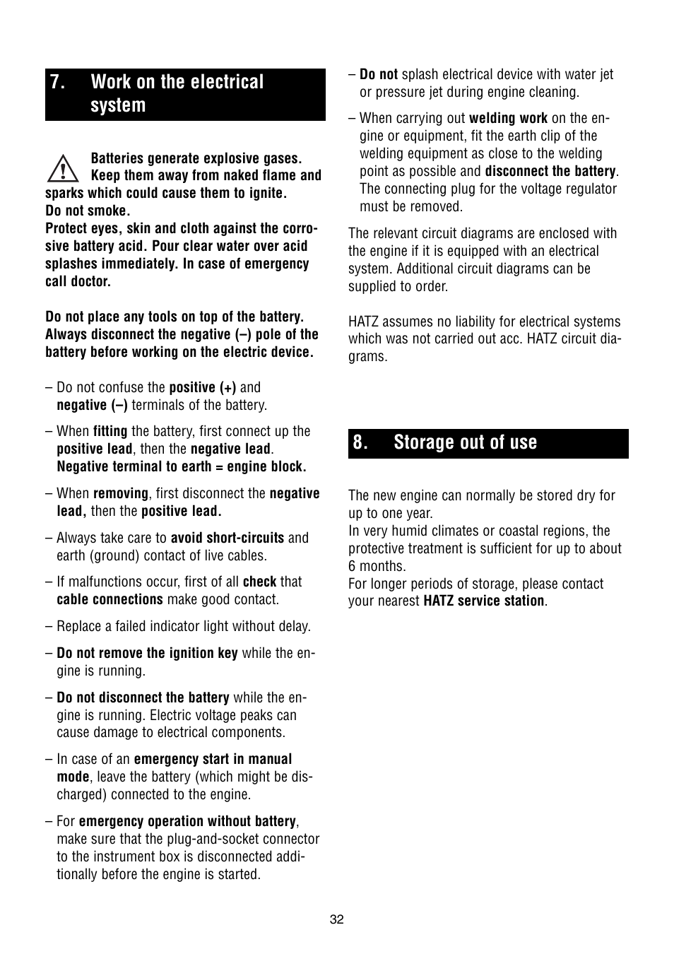 Work on the electrical system, Storage out of use | HATZ Diesel 1B50W User Manual | Page 34 / 36