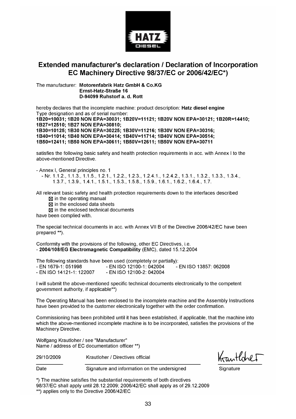 HATZ Diesel 1B50W User Manual | Page 35 / 36