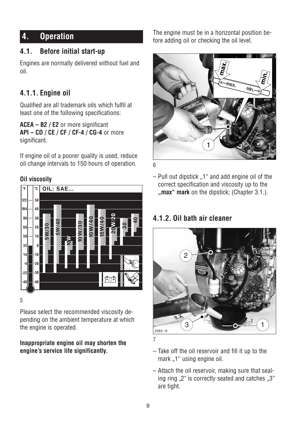 Operation, Before initial start-up, Engine oil | Oil bath air cleaner | HATZ Diesel 1D90 User Manual | Page 10 / 38