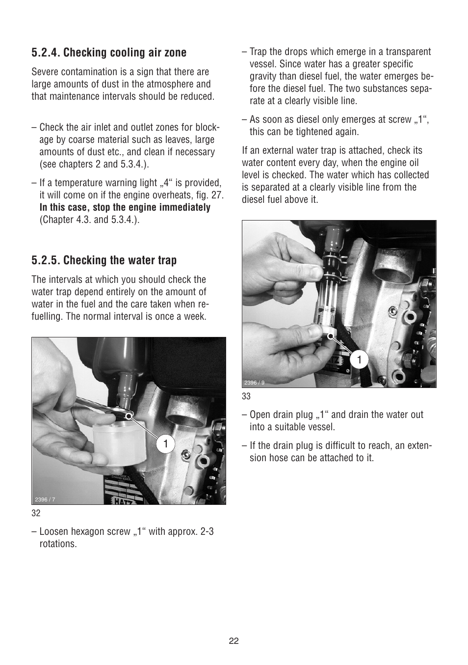 Checking cooling air zone, Checking the water trap | HATZ Diesel 1D90 User Manual | Page 23 / 38