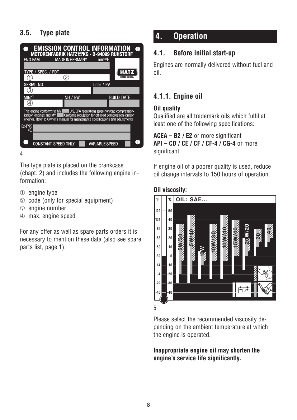 Operation, Type plate, Before initial start-up | Engine oil | HATZ Diesel 1D90W User Manual | Page 9 / 31