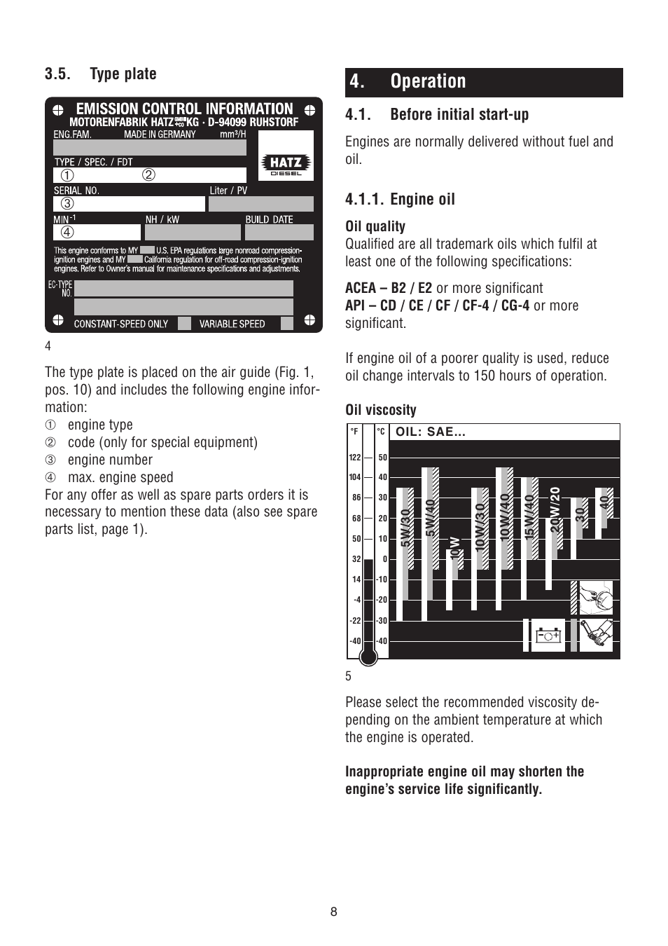 Operation, Type plate, Before initial start-up | Engine oil | HATZ Diesel 2G40 H User Manual | Page 9 / 32