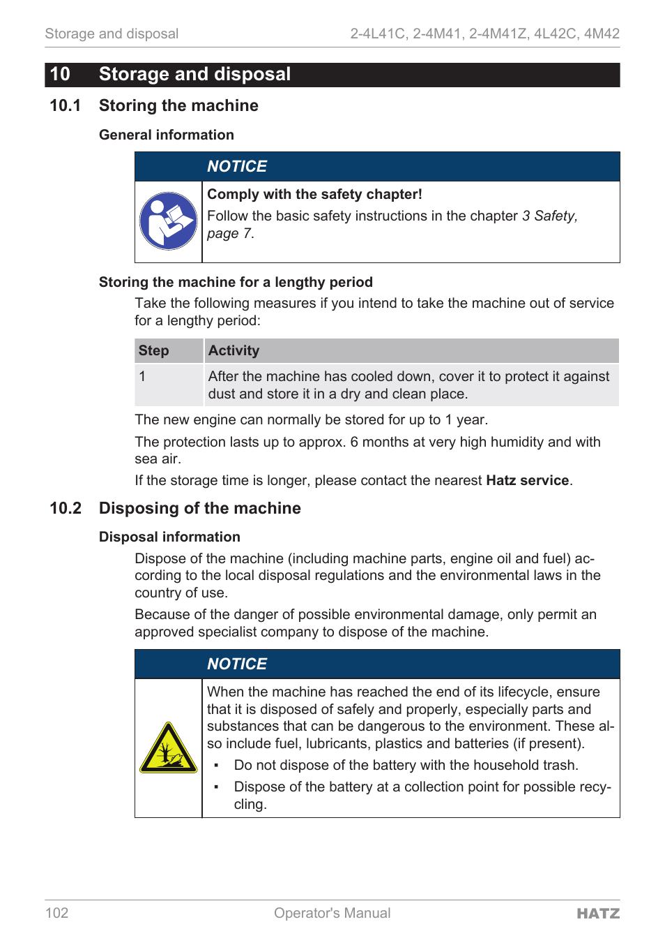 Storage and disposal, Storing the machine, Disposing of the machine | 10 storage and disposal, 1 storing the machine, 2 disposing of the machine | HATZ Diesel 4M42 User Manual | Page 102 / 105