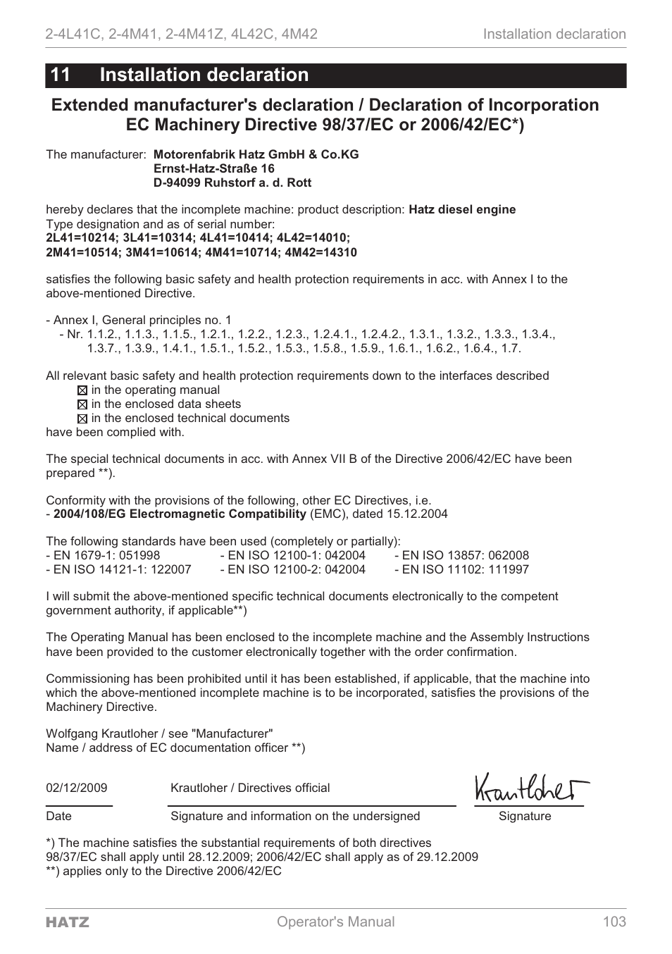 Installation declaration, 11 installation declaration | HATZ Diesel 4M42 User Manual | Page 103 / 105