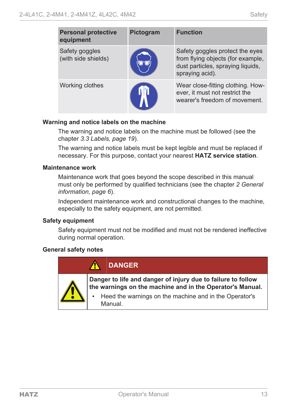 Warning and notice labels on the machine, Maintenance work, Safety equipment | General safety notes, Danger | HATZ Diesel 4M42 User Manual | Page 13 / 105