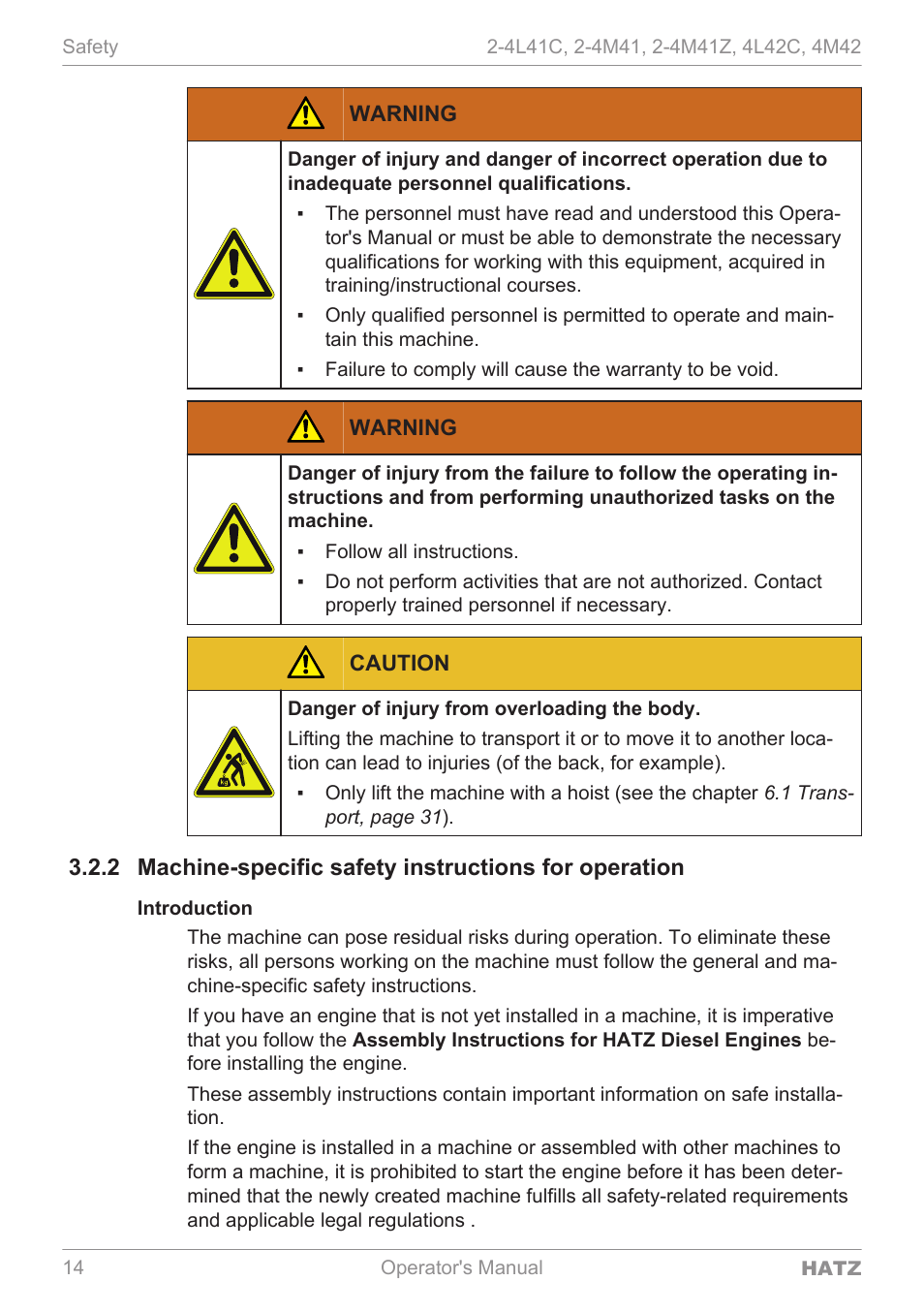 Machine-specific safety instructions for operation, Introduction | HATZ Diesel 4M42 User Manual | Page 14 / 105