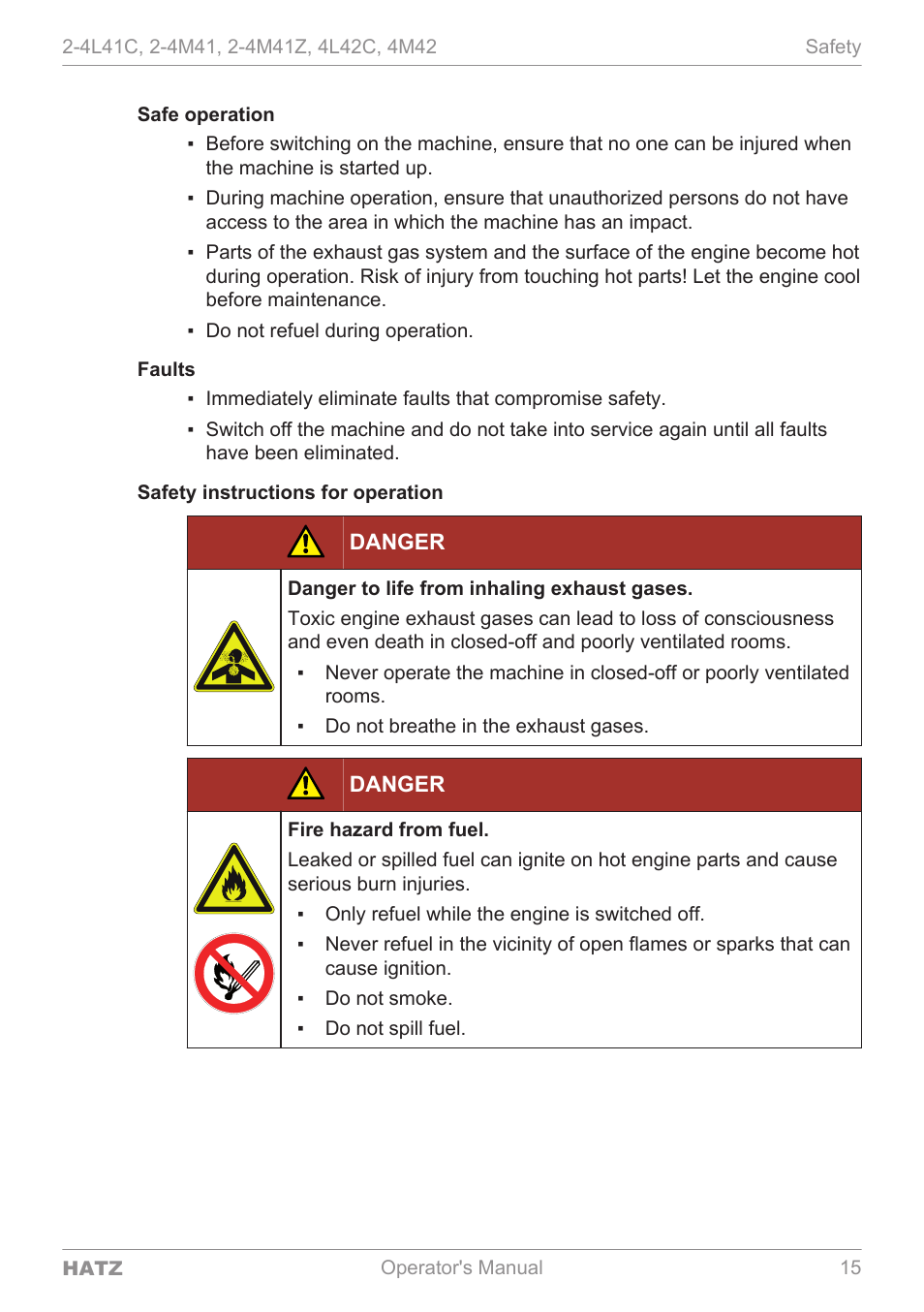 Safe operation, Faults, Safety instructions for operation | Danger | HATZ Diesel 4M42 User Manual | Page 15 / 105