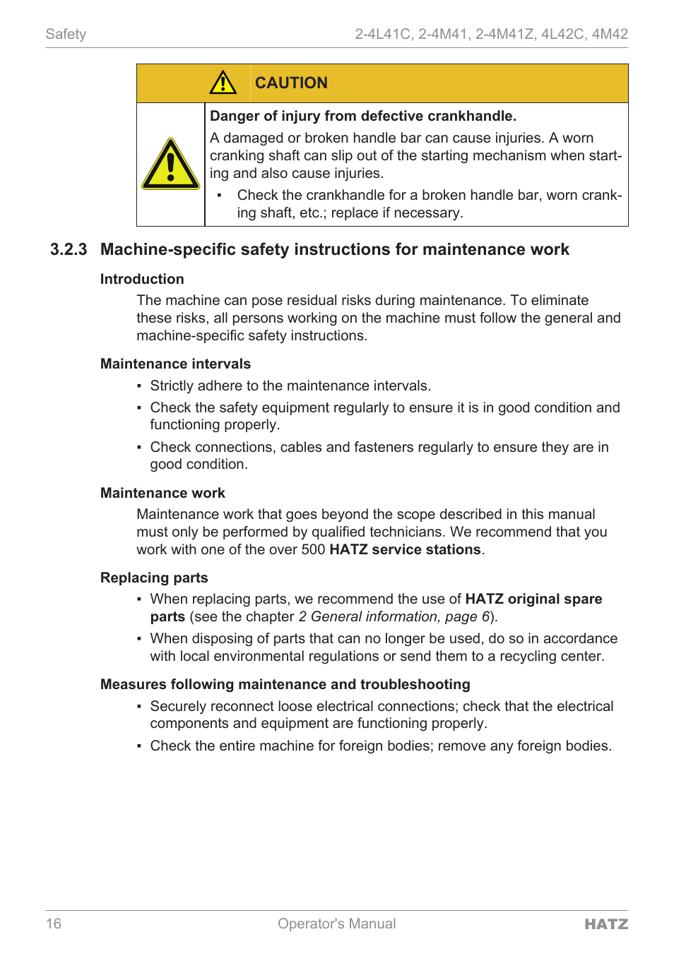 Introduction, Maintenance intervals, Maintenance work | Replacing parts, Measures following maintenance and troubleshooting, Caution | HATZ Diesel 4M42 User Manual | Page 16 / 105