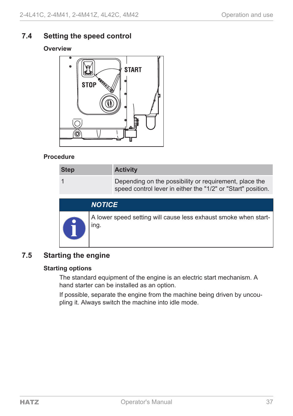 Setting the speed control, Starting the engine | HATZ Diesel 4M42 User Manual | Page 37 / 105